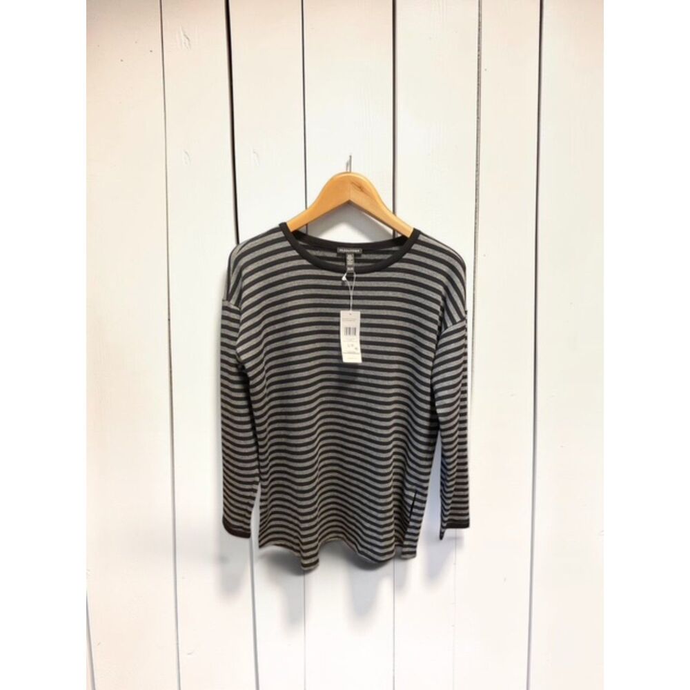 NWT Eileen Fisher Striped Cozy Brushed Terry Long Box-Top Black Gray XXS